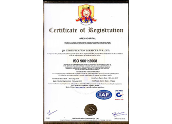 Apex Hospitals ISO 9001:2008 certification